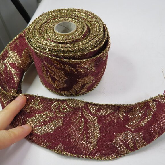 VTG Burgundy Brocade Holly Wired Ribbon with Gold Accents Double Sided 10 yards - Picture 1 of 4